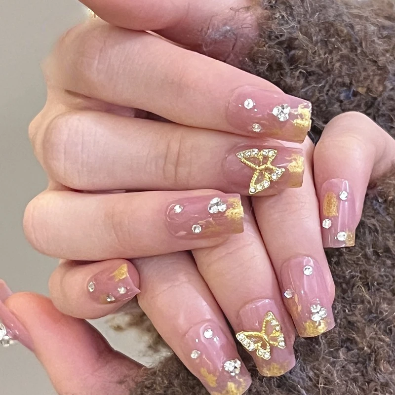 

24Pcs/Set False Nail Gold butterfly gold foil Fake Nail Tips Full Cover Acrylic False Nails Decoration For Nail Tip Beauty