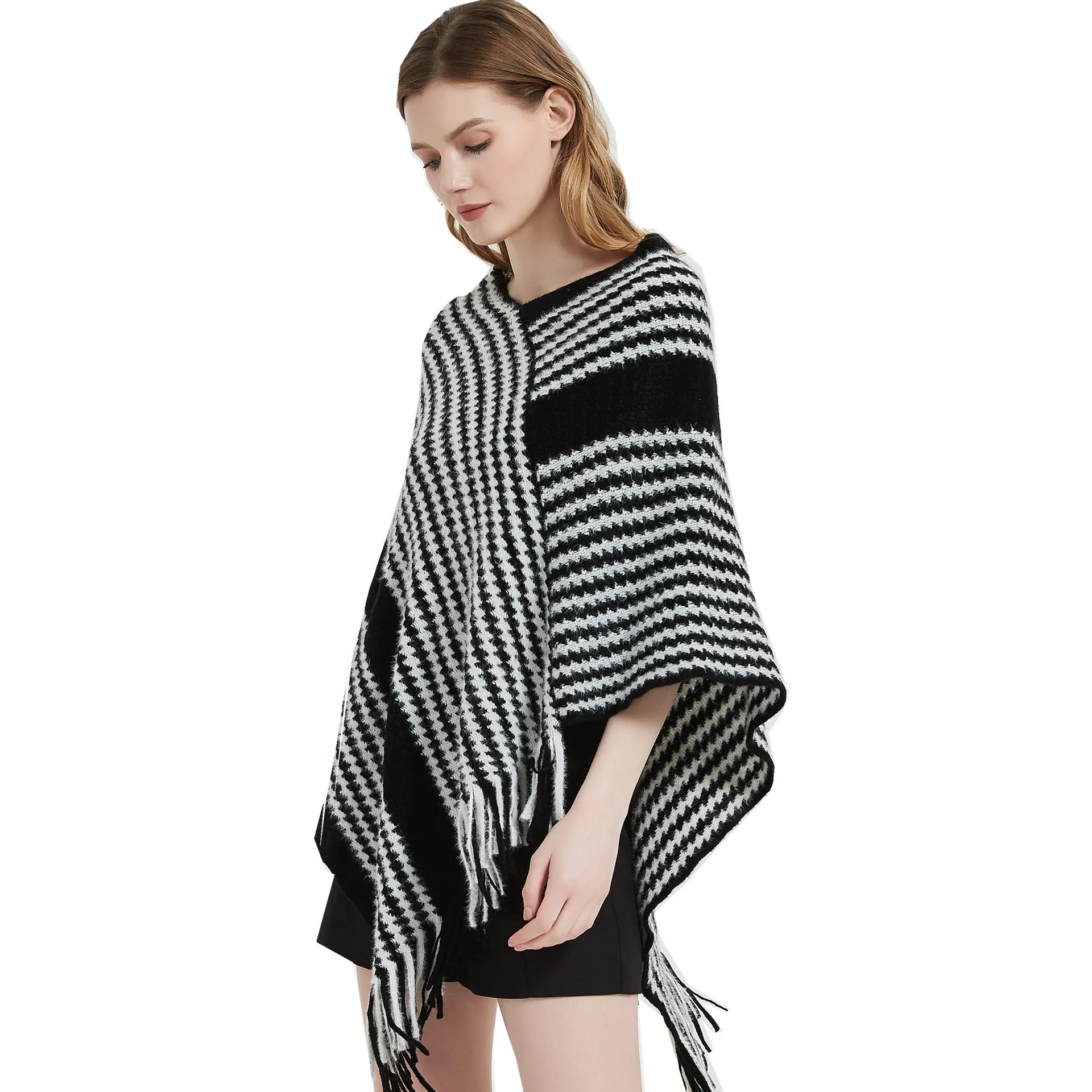 

Europe America Pullover Shawl Autumn Winter Knitwear Stripe Fashion Street Poncho Lady Capes Blue Cloaks