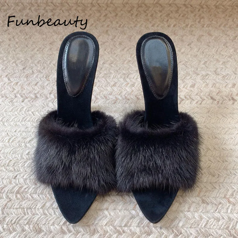 

2024 YS Women's Slippers Pointed Mink Hair Slippers Luxury Design Top Quality Genuine Leather Outdoor Slippers High Heel Sandals