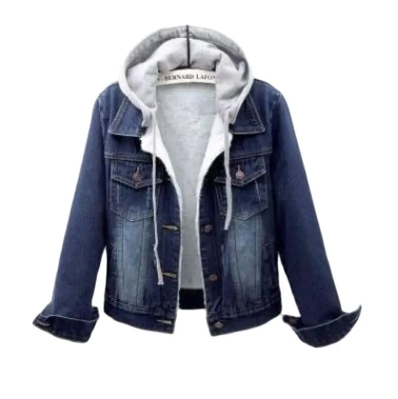 

Denim Jacket Loose Short Coat Long Sleeve Hooded Winter Autumn Womens Outerwear Thick Big Pocket Outwear Blue Turndown Collar