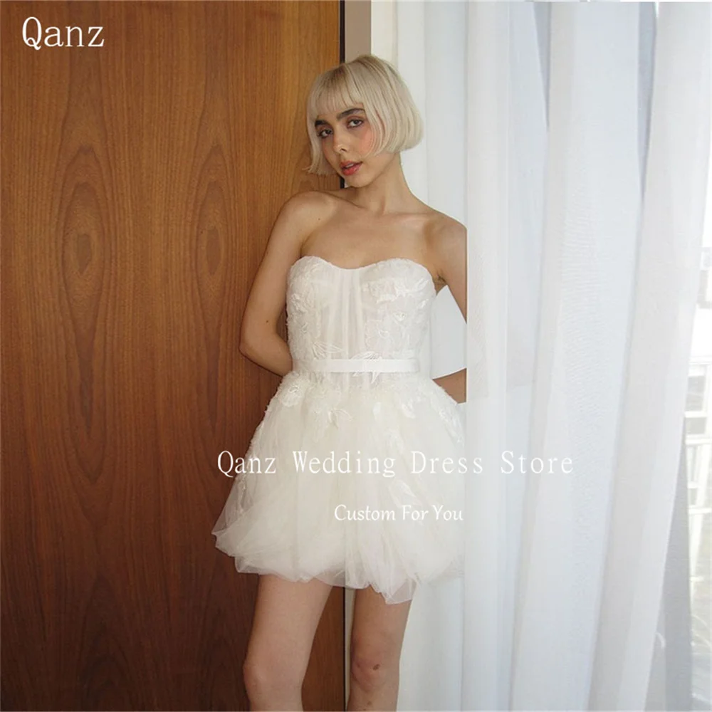 

Qanz Boho Sweetheart Wedding Dress Tulle Appliques Short Mini Robes De Mariée Corset Back A Line Pleat Party Dresses for Women