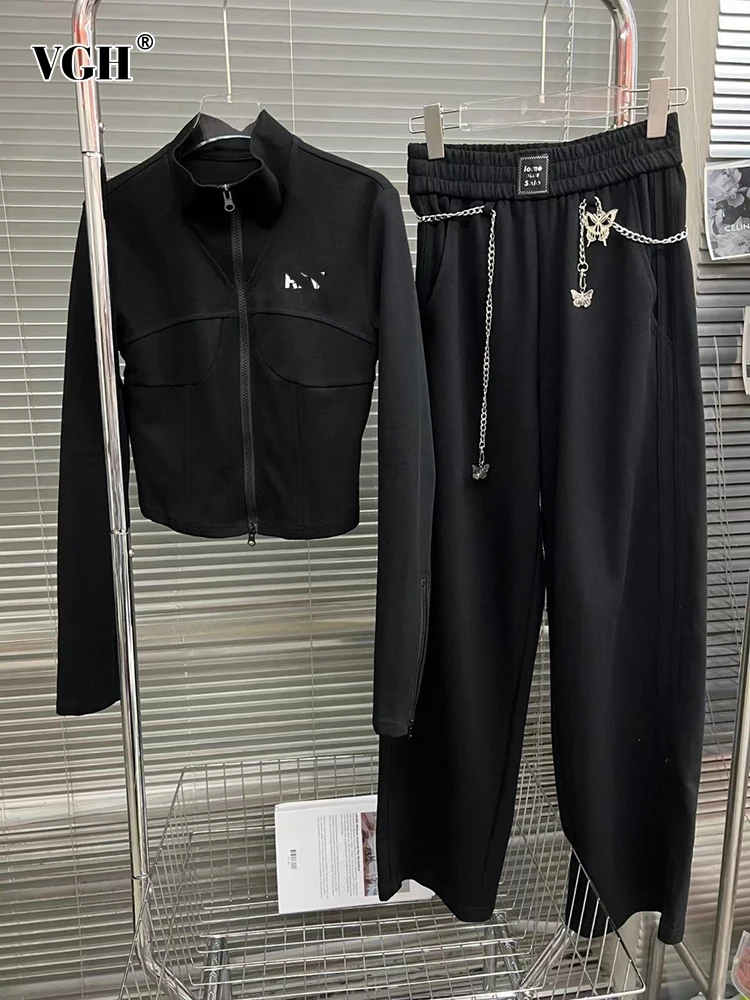 VGH Solid Casual Two Piece Set For Women Stand Collar Long Sleeve Coat High Waist Spliced Chain Wide Leg Pant Loose Sets Female
VGH Solid Casual Two Piece Set For Women Stand Collar Long Sleeve Coat High Waist Spliced Chain Wide Leg Pant Loose Sets Female