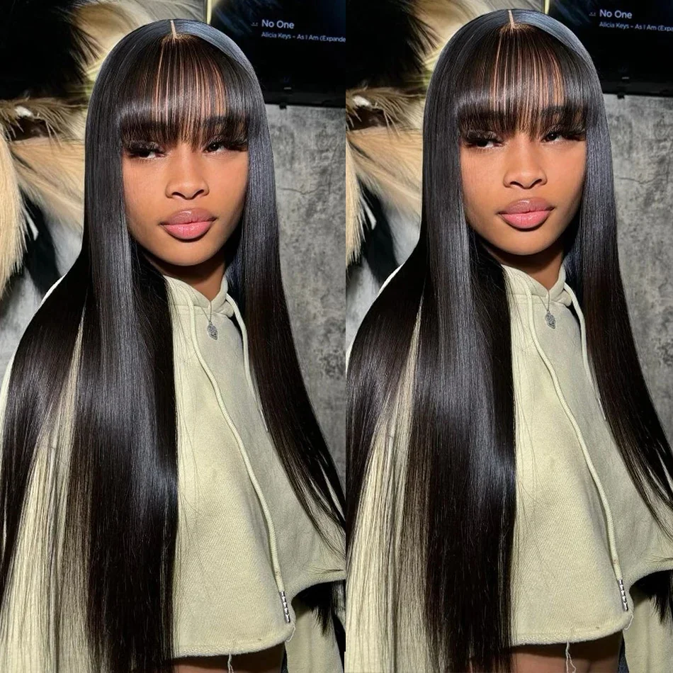 

Brazilian Bone Straight Long 100% Human Hair Wigs With Bangs Glueless Natural Black Indian Fringe Wig With Bangs For Women