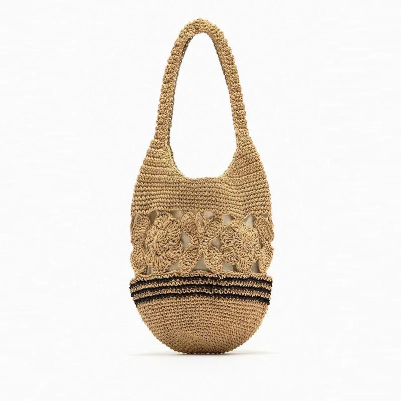 

Hollow Flower Crochet Shoulder Bag Paper Rope Straw Bag Handmade Knitting Woven Tote Travel Beach Bags for Women Handbags Hobo