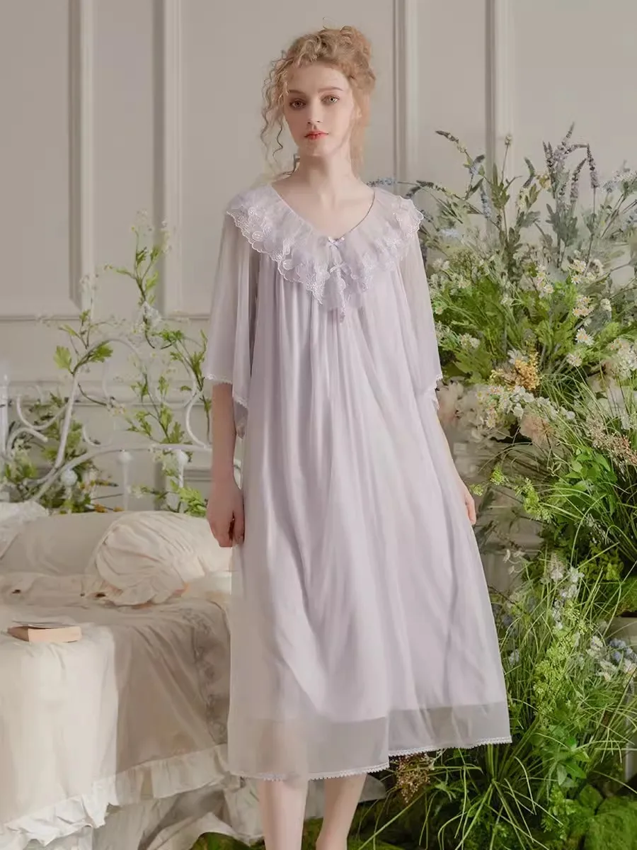

Vintage Modal Gauze Princess Long Nightgowns ForWomen Deliacate Embroidery Sleepwear Loose Royal Spring Summer Sweet Dress