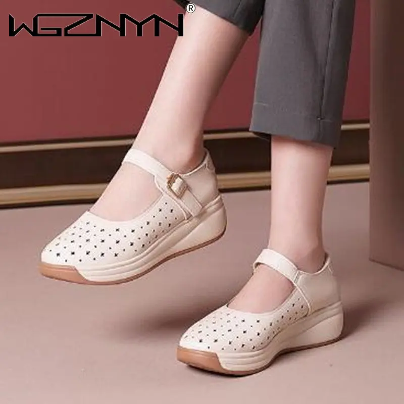 Fashion Genuine Leather Ladies wedge Summer Shoes Woman Slip on Casual Loafers Hollow Out Round Toe Soft Comfort Sandals Female 
Fashion Genuine Leather Ladies wedge Summer Shoes Woman Slip on Casual Loafers Hollow Out Round Toe Soft Comfort Sandals Female