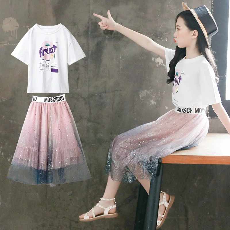 

Summer Teen Girls Clothing Sets Fashion Cotton T-shirt + Long Skirt 2Pcs Little Princess Suit 3 4 6 8 10 12 14 Year Kids Clothes