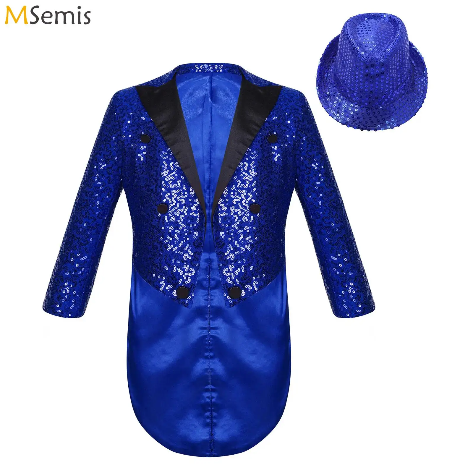 

Kids Boys Magic Show Jazz Dance Performance Outfit Sequin Tailcoat Satin Lapel Open Front Long Sleeve Blazer with Sequined Hat