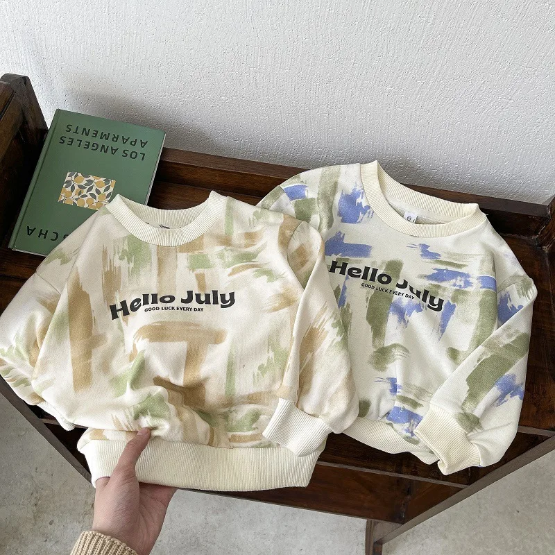 

2024 Spring New Children's Camouflage Hoodie Casual Letter Pullover for Boys and Girls Baby Korean Style Versatile Top