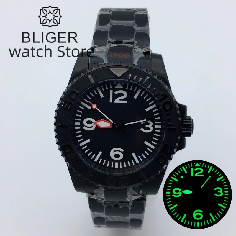 

40mm BLIGER PVD Black Mechanical Automatic Men's Watch Black Aseptic Dial Luminous Blue AR Sapphire Glass NH35A PT5000 Movement