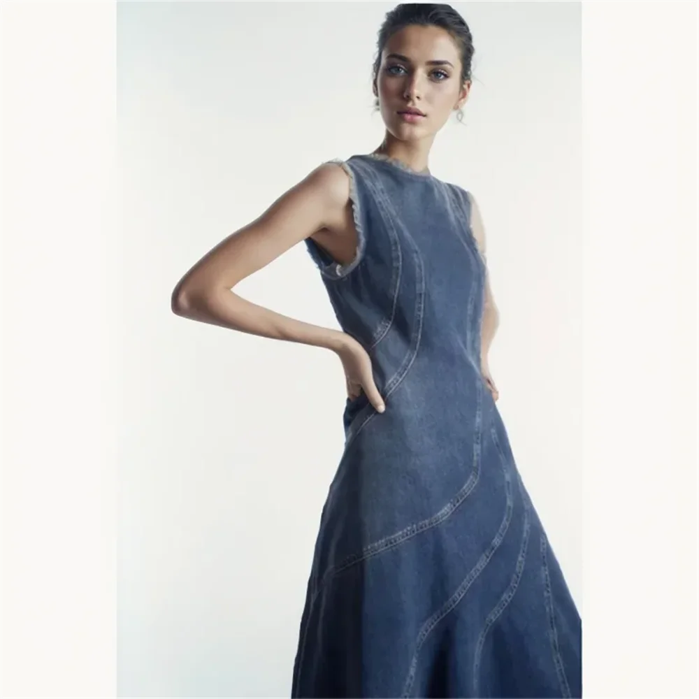 

Cos Lris 2024 Summer New Product Women's Casual Versatile Asymmetric Splicing Denim Blue Sleeveless Dress