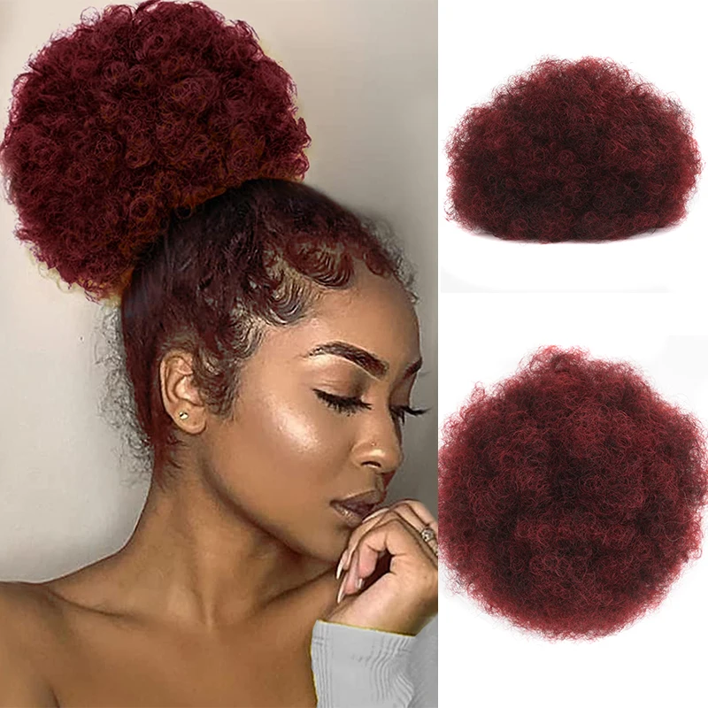 

8inch Short Afro Kinky Curly Hair Bun for Black Women Red Natural Puff Curly Drawstring Ponytail Bun Synthetic Fibre Fake Hair