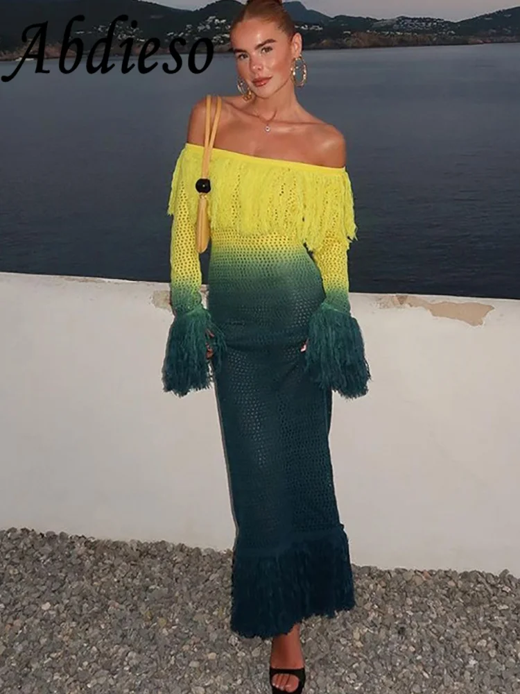 Abdieso 2023 Fall Gradient Knit Long Sleeve Bodycon Dress Women Fashion Winter Tassel Slash Neck Sexy Long Beach Party Dresses
Abdieso 2023 Fall Gradient Knit Long Sleeve Bodycon Dress Women Fashion Winter Tassel Slash Neck Sexy Long Beach Party Dresses
