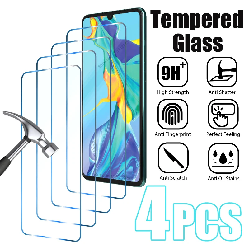 

4PCS Tempered Glass For Huawei P30 Pro P20 P40 Lite E P Smart Z 2019 2021 Mate 20 Screen Protector for Honor 50 20 10 Lite X8 9X