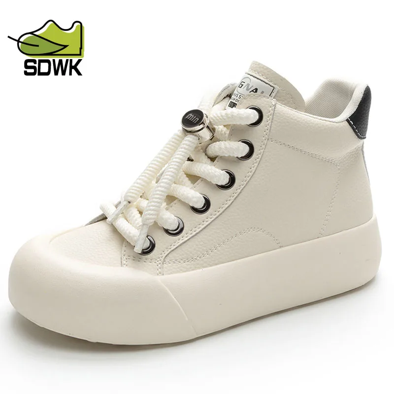 

SDWK 3.5CM New Autumn Women Platform Sneakers Fashion Lace Up Casual Ankle Boots Ladies Genuine Leather Shoes White Short Boots