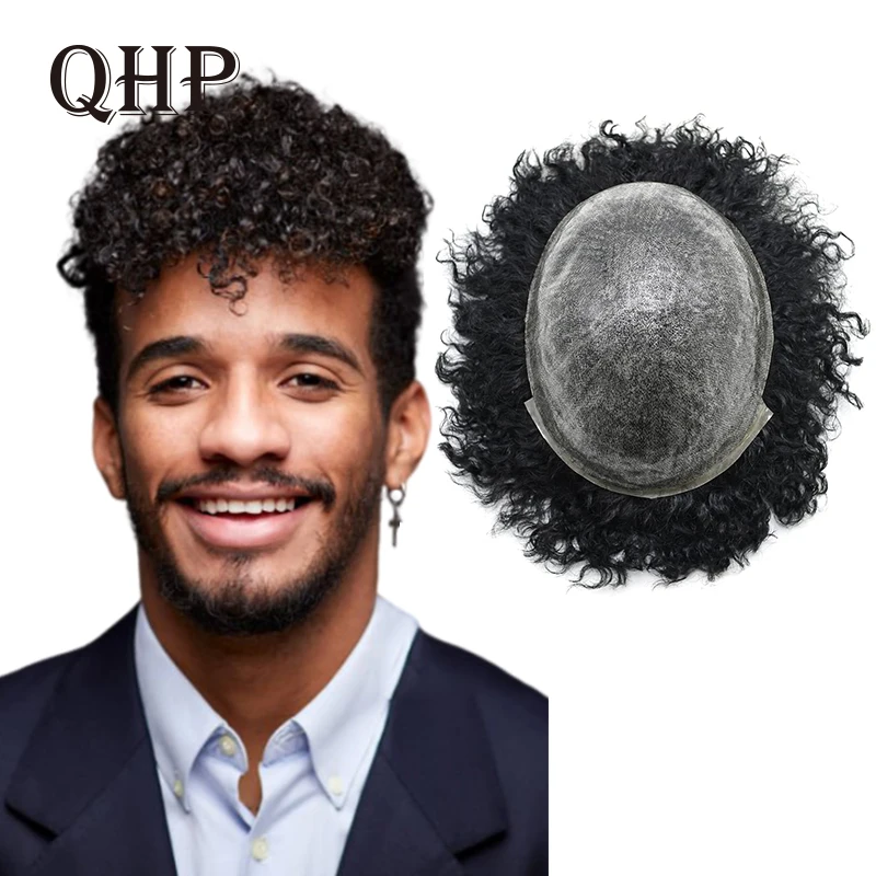 

Mens Toupee Human Hair Units 0.12mm Durable Skin Man Hair Prosthesis Wig Man Curly Hair Pieces Replacement Systems Natural Black