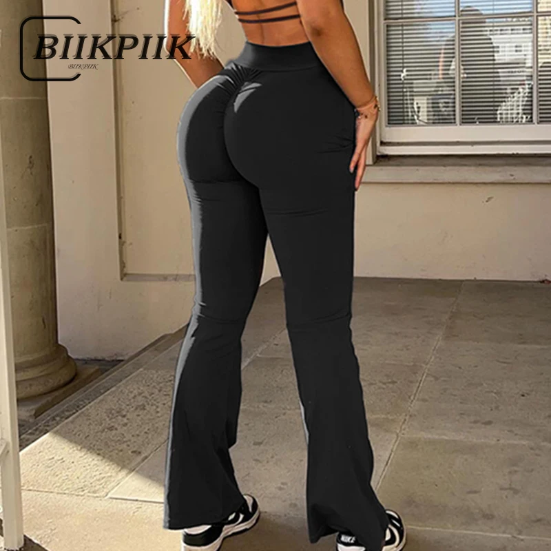 

BIIKPIIK Sporty Skinny Shirring Pants Sexy Hip lifting Yoga Pants Basic Casual Knitted Women Boot Cut Trousers Fitness Jogging