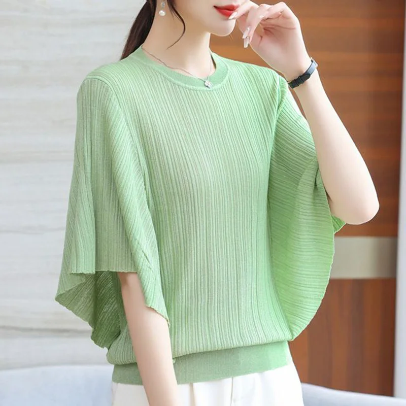 

Stylish Solid Color Spliced Loose Batwing Sleeve Blouse Women Clothing 2023 Summer New Oversized Casual Pullovers Commute Shirt