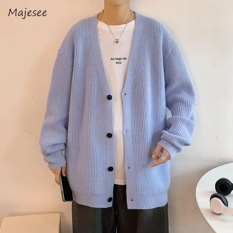 

Solid Cardigan Men Korean Preppy Style Loose Knitwear Cozy Spring Autumn Streetwear Slouchy Tender Youthful Aesthetic Elegant