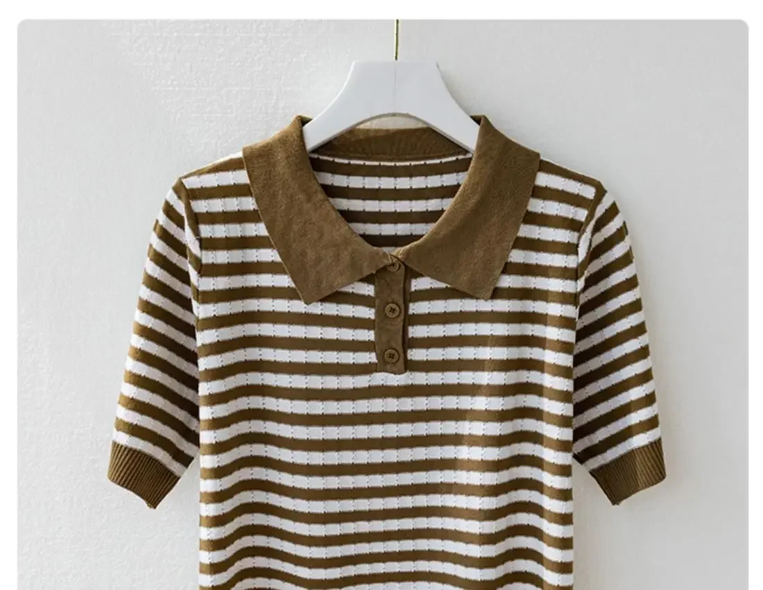 Fashion Women Short Sleeve Striped Knitted Polo Shirts Spring Summer All-match Tees Female Clothing New Pullover Bottoming Tops 41 Sa26a4d4749464d1bb58269a1b05f75095