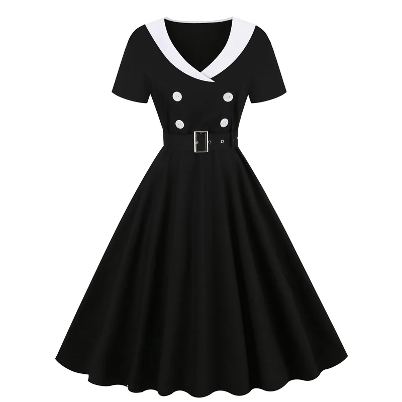 

Женское приталенное платье средней длины, розовое, синее, черное платье в стиле ретро, на пуговицах, с коротким рукавом и V-образным вырезом, облегающее ТРАПЕЦИЕВИДНОЕ летнее винтажное платье в стиле 50-60-х годов
