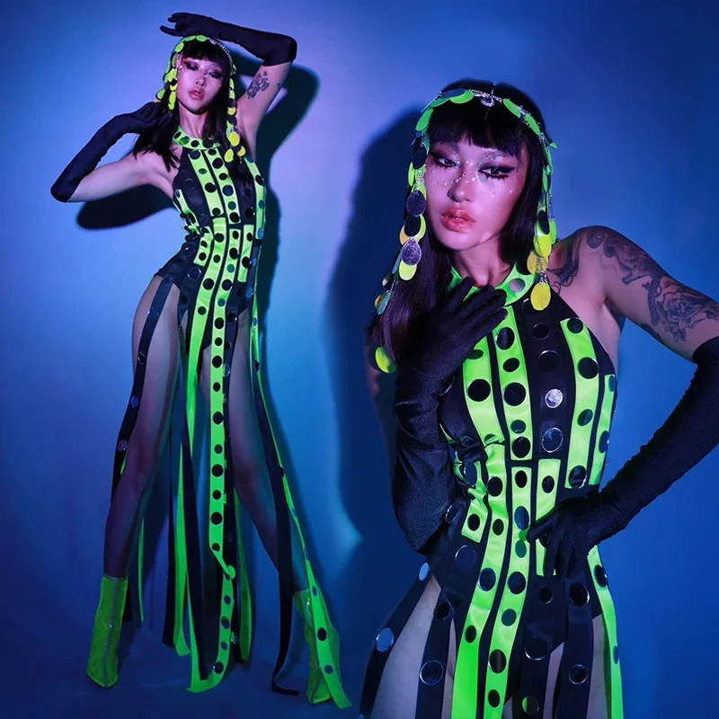 

Singer Dancer Performance Stage Costume Jazz Gogo Dance Clothing Party Rave Outfit Fluorescent Green Tassel Jumpsuit