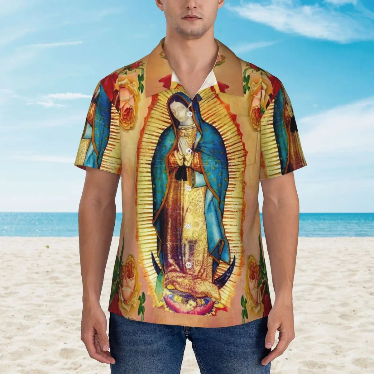 

Virgin Mary Hawaii Shirt Men Vacation Our Lady of Guadalupe Casual Shirts Short-Sleeved Stylish Graphic Classic Oversize Blouses