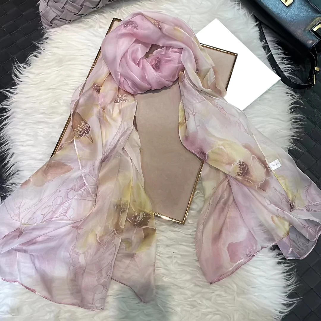 

BYSIFA| China Style Pink Coffee Silk Scarf Hijab Winter Ladies 100% Silk Long Scarves Wraps Foulard Spring Summer Beach Shawls