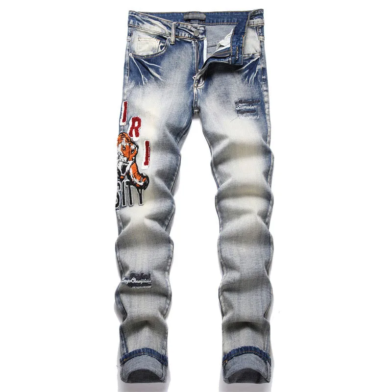 

2024 New Men Black Blue Letter Embroidery Jeans Streetwear Holes Ripped Denim Pants Mens Casual Cotton Slim Jean Hombre Trousers