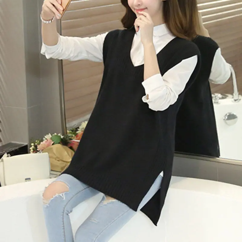 

2022 Spring New V-neck Solid Color Seelveless Lady Knit Sweater Streetwear Fashion Loose Wild Outgoing Female Vest Black