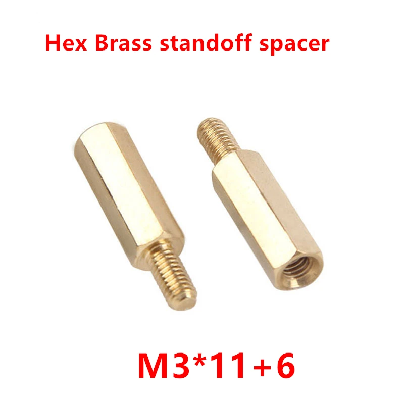 

100pcs M3*11+6 Brass Hex Standoff Spacer standoff brass spacers pillars M3 Male x M3 Female-11mm for PCB board column support