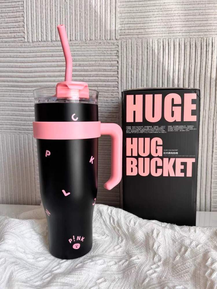 

1250ml Kpop Black & Pink Thermal Water Bottle Stainless Steel Tumbler with Handle Straw Cup Portable Car Coffee Mug Drinkware