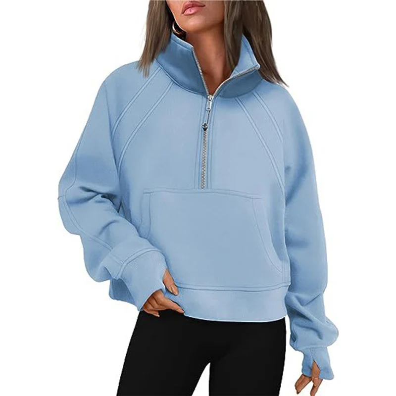 

Women Zipper Splicing Stand Neck Sweatshirt Autumn Winter Warm Solid Color Kangaroo Pocket Hoodie Female Casual Loose Outerwear