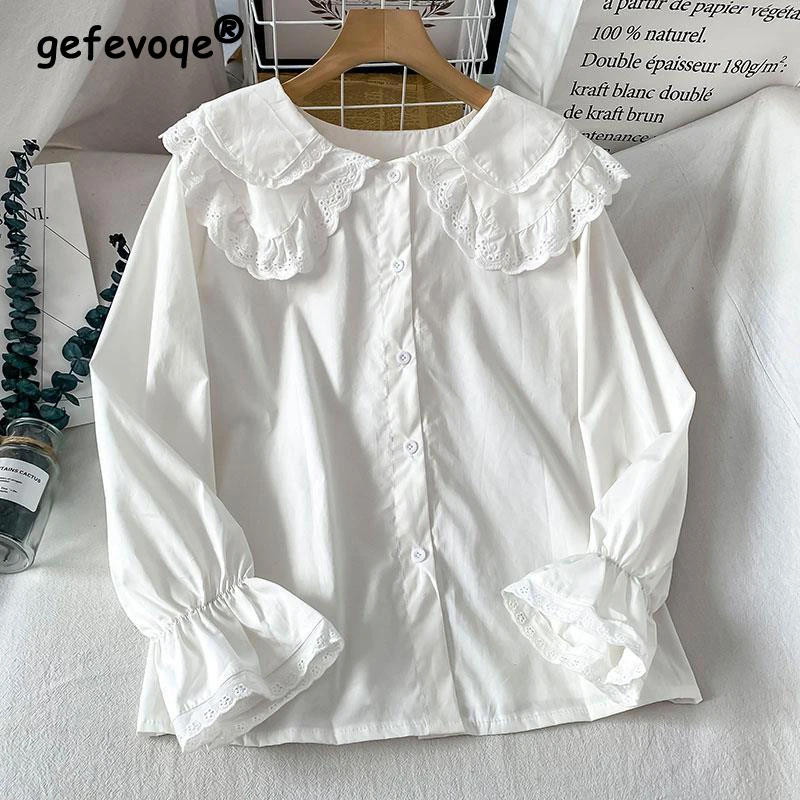 

Kawaii Peter Pan Collar Chic Vintage Embroidery Lace Long Sleeve White Shirt for Women New Spring Autumn Casual Loose Blouse Top