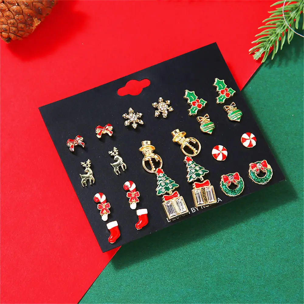 

12 Pairs of Earrings Christmas Theme Set Santa Claus Bell Snowman Elk Cartoon Cute Holiday Accessories Jewelry for Women