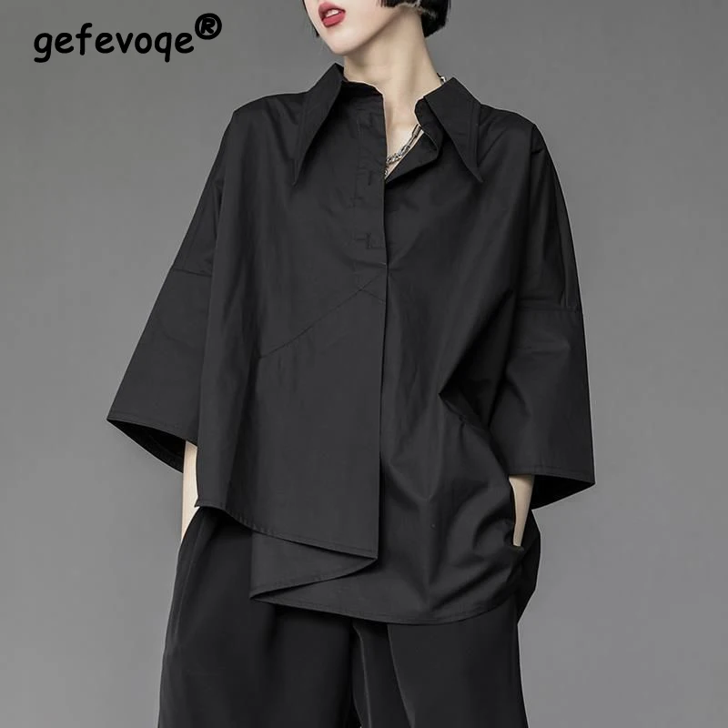 

Women Vintage Asymmetric Design Harajuku Streetwear Loose Black White Shirt Fashion Casual Simple Style Chic Top Blouse Clothes