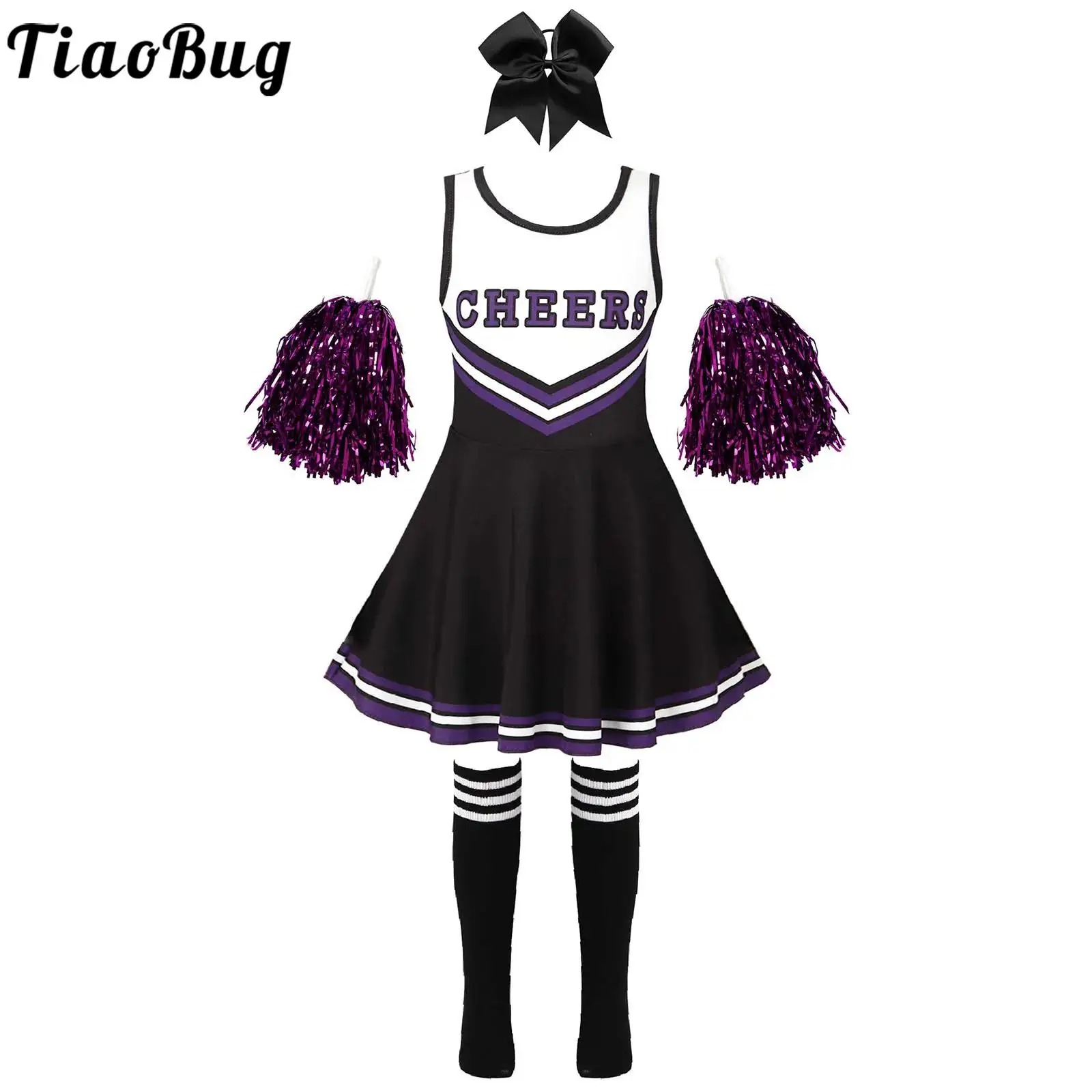 

Kids Cheer Leader Cheerleading Costume for Girls Schoolgirl Uniform Carnival Party Halloween Costumes Dress with Pompoms Socks