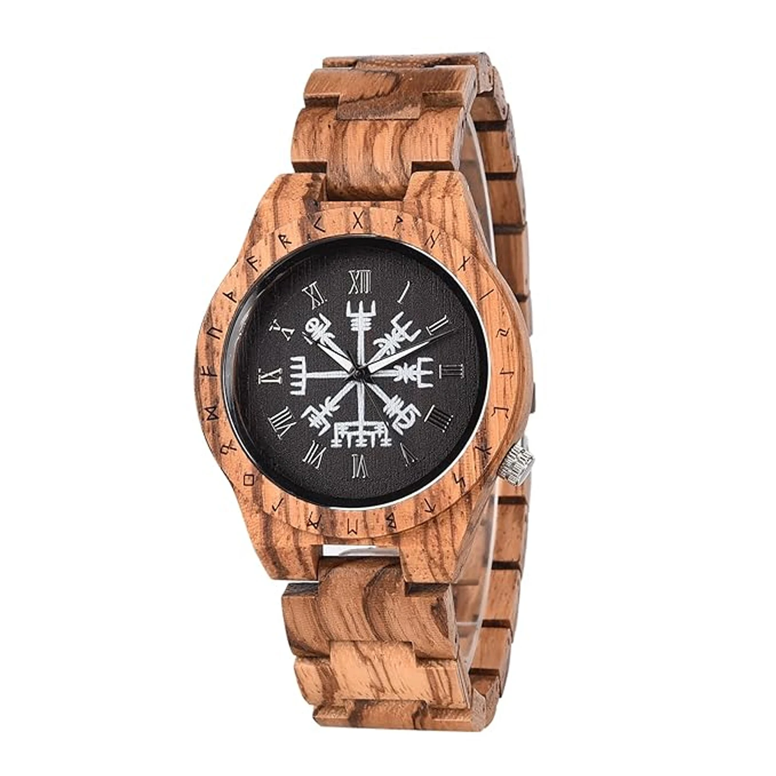 

Men's wooden quartz wristwatches, unique engraved Viking pattern, adjustable strap, high quality solid wood watch box，bracelet