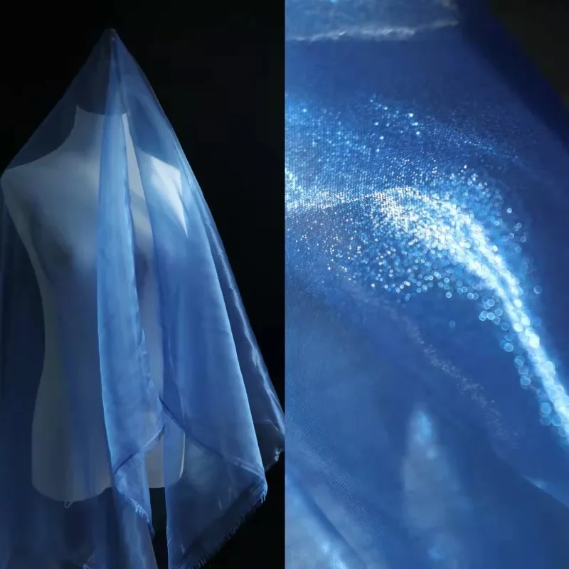 

Shiny Gauze Iridescent Blue Gold Organza Fabric Sewing Material Dress Stage Wedding Decor Voile Transparent 150cm Sold By Meter