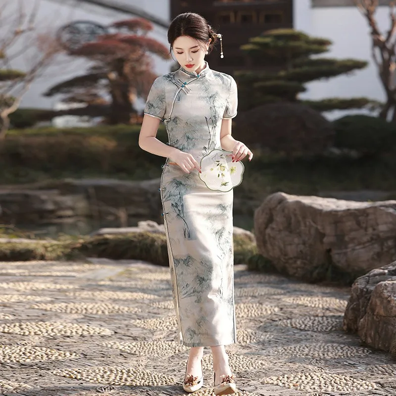

Printing Qipao Chinese Evening Party Long Dress Elegant Women Vintage Mandarin Collar Cheongsams Vestidos Girls Daily Qipao