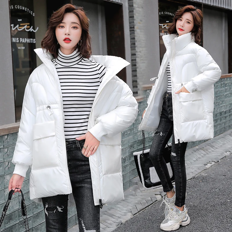 

2024 Winter Glossy Down Cotton Jackets Women Clothes Tops Mid-Length Parkas Overcoats Loose Stand Collar Warm Bread Coats Female