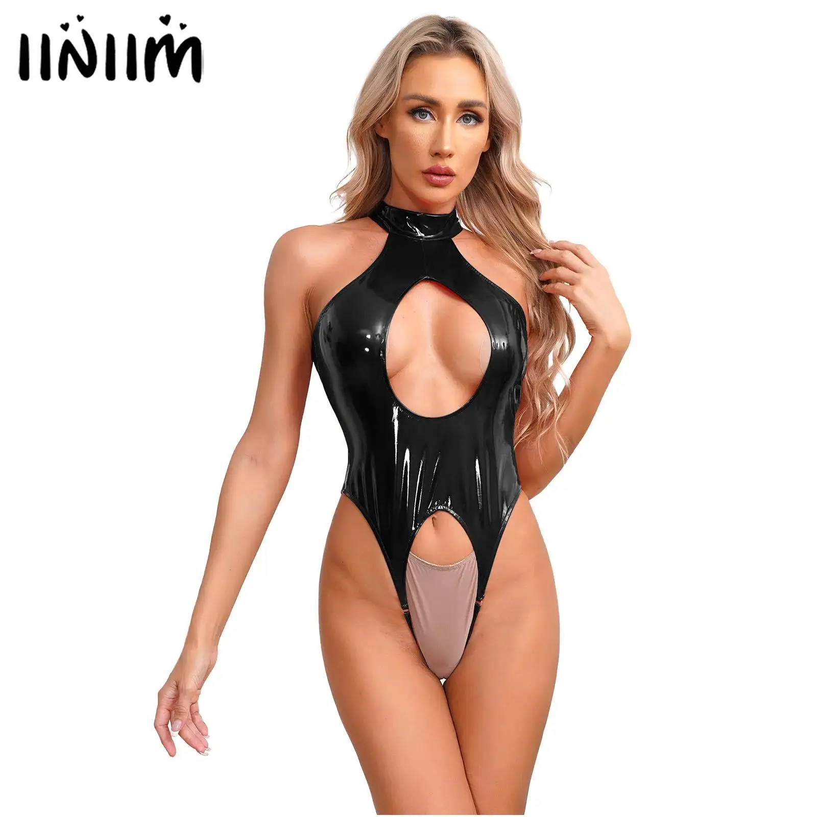 

Womens Cut Out Crotchless Catsuit Jumpsuit Nightwear Lingerie Mock Neck Sleeveless Wet Look Patent Leather Bodysuit Underwear