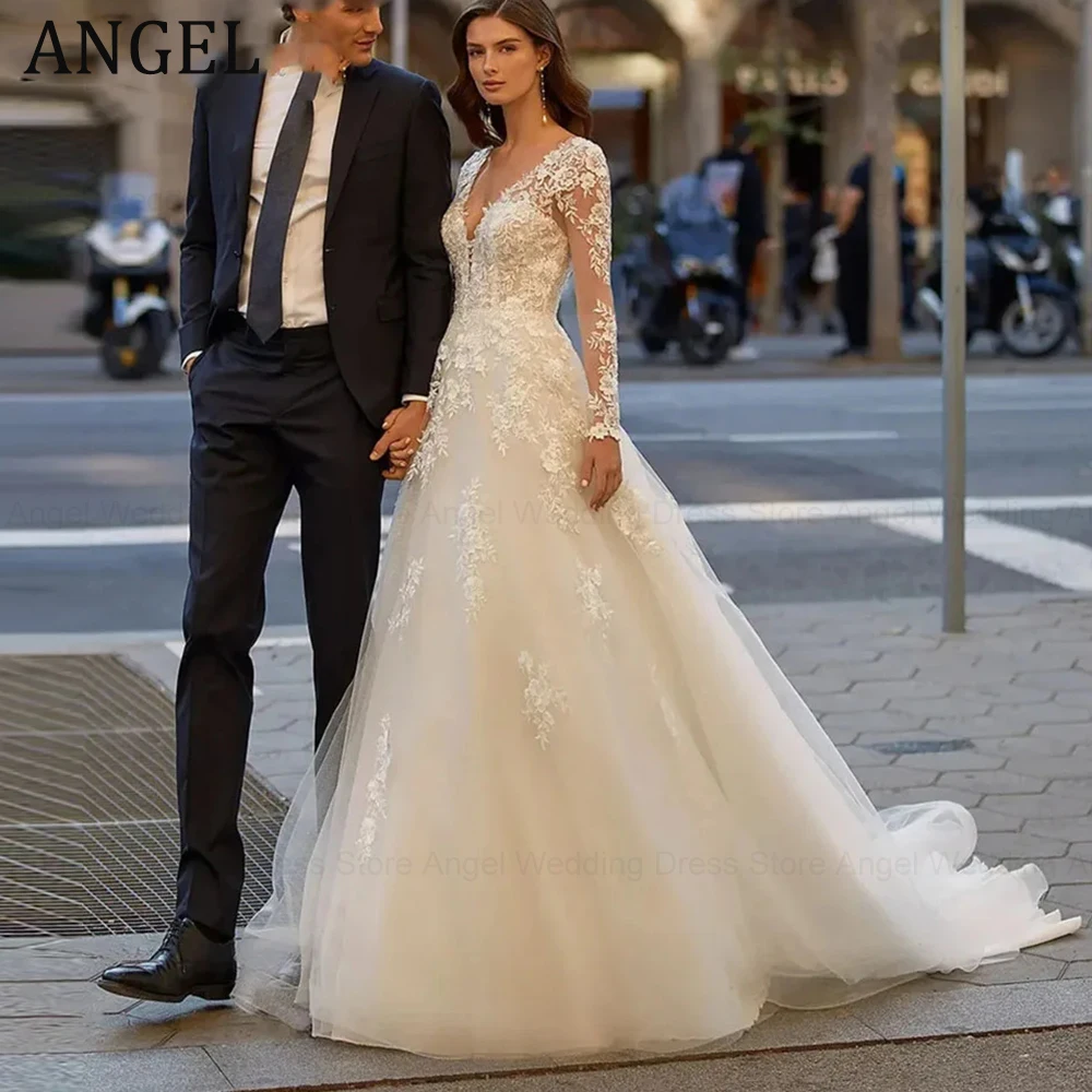 ANGEL Luxury A Line V Neck Wedding Dresses For Women 2023 Long Sleeves Bridal Gowns Appliques Button Back Vestido De Novia
ANGEL Luxury A Line V Neck Wedding Dresses For Women 2023 Long Sleeves Bridal Gowns Appliques Button Back Vestido De Novia