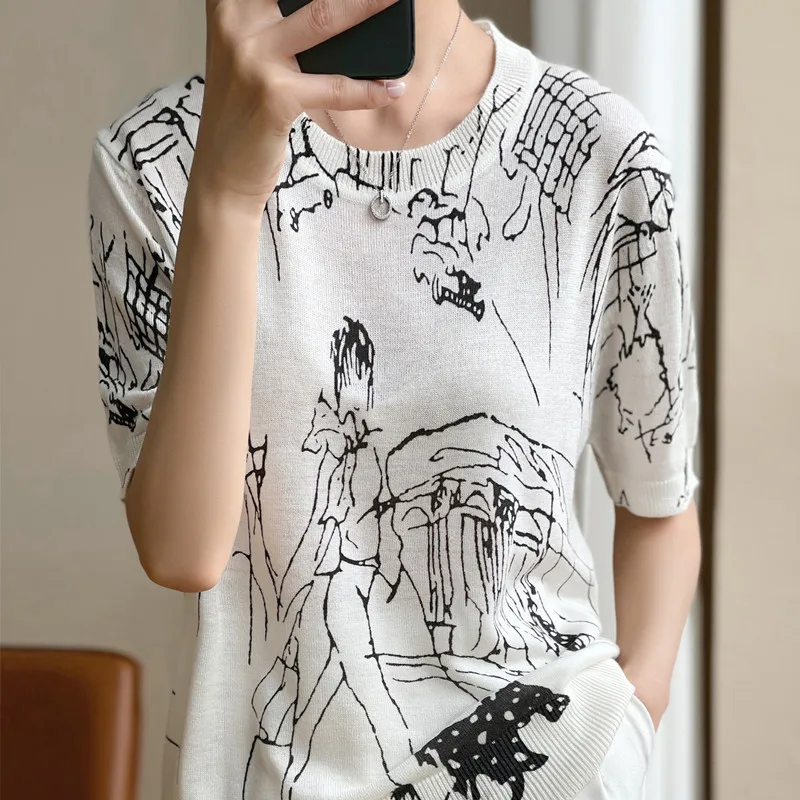 

Summer New Women's Worsted Casual Wool Knit Crew Neck Pullover Thin Short Sleeve T-Shirt Graffiti Loose Fashion Sweater