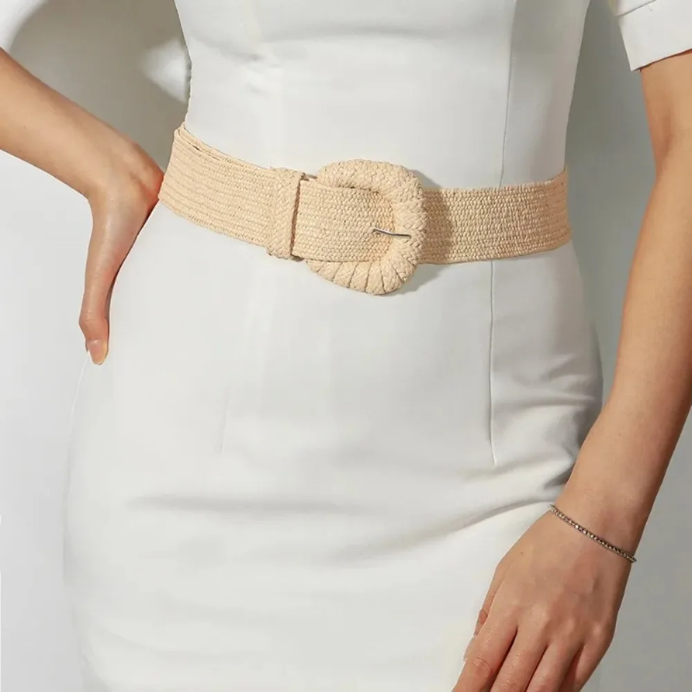 

Solid Color Pin Buckle Belts Bohemian PP Grass Wide Girdle Waistband Braided Waist Belt