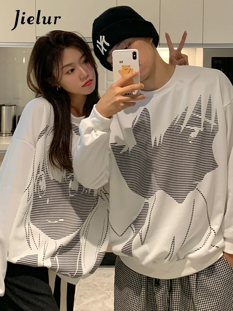 

Jielur Black Women Pullovers Cartoon Print Autumn Black White Hoodies Korean Boyfriend O-Neck Sweatshirts Female Chic Loose M-XL