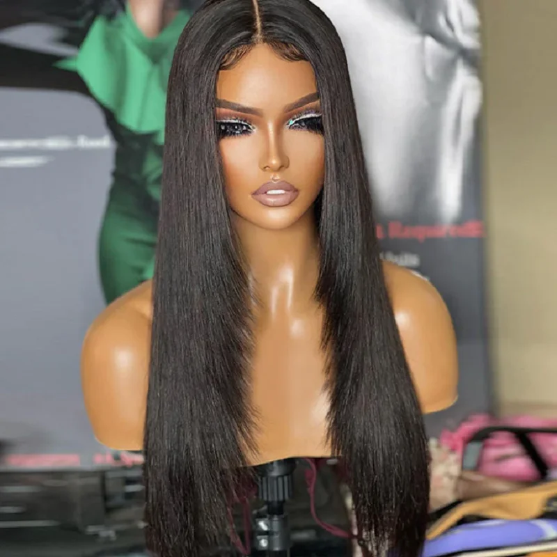 

Long Soft Glueless Preplucked 26Inch 180% Density Black layered hair Silky Straight 13*4 Lace Front Wig With Baby Hair Fiber