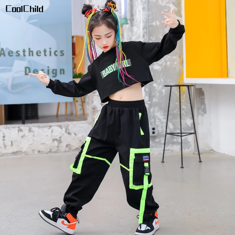 

Girls Hip Hop Cargo Pants Balck Crop Top Goth Clothing Sets Child Street Dance Sweatshirt Joggers Kids Jazz Costumes Streetwear