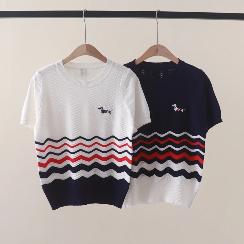 

Summer new contrasting wave stripes embroidered puppy round neck pullover short sleeved knitted T-shirt top versatile and slimmi