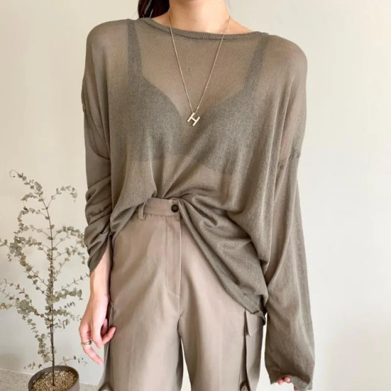 

2024Sneaky Design Back Hollow KnitTT- Irregular Slit plus Size Loose Long Sleeve See-through Sun Protection Shirt Top